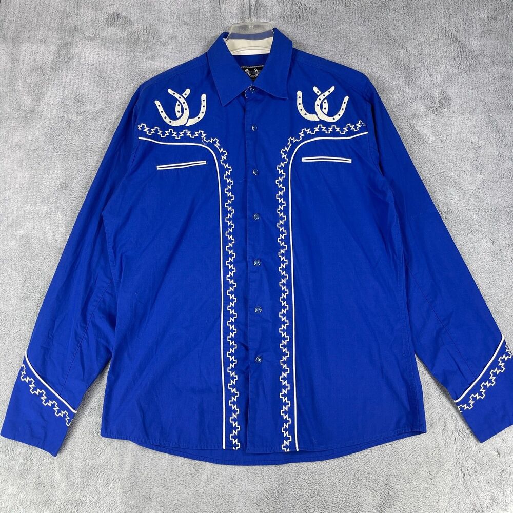 El Pionero Western Shirt Mens M Blue Cotton Horseshoe Ranch Cowboy Pearl Snap